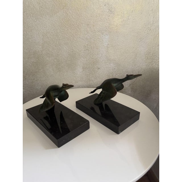 Art Deco Bronze Crane Bookends with Marble Bases by H. Garreau Auxerre Label, France, 1930s, Set of 2 For Sale - Image 3 of 11