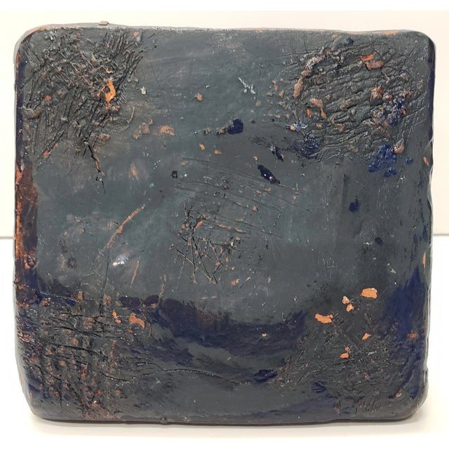 Circa 1970 Mid Century Modern Art Pottery Fat Lava Glazed Clay Pinched Banded Pyramid Vase For Sale In New Orleans - Image 6 of 7