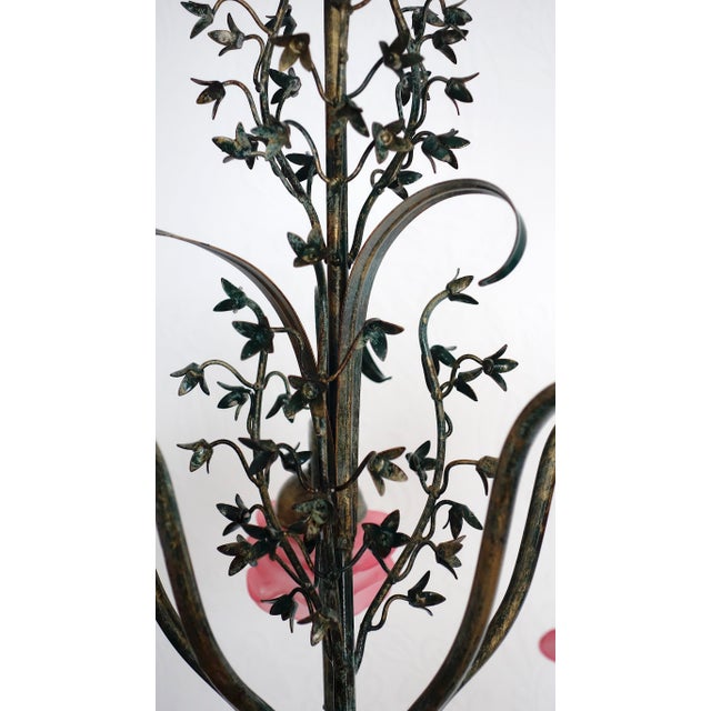 Metal Vintage Green-Gold Patinated Metal Pink Shade Chandelier, 1970s For Sale - Image 7 of 18