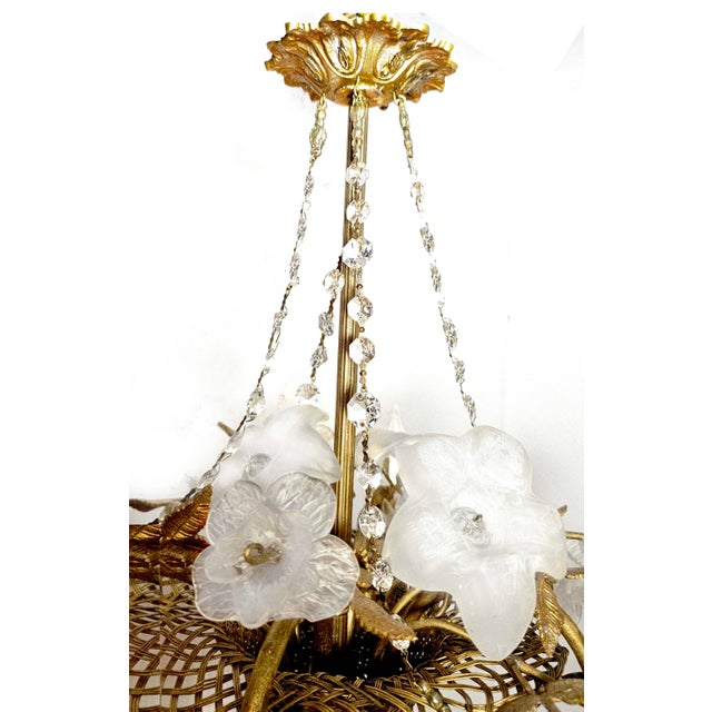 Metal Antique French Art Nouveau Gilt Woven Bronze Basket Chandelier For Sale - Image 7 of 8