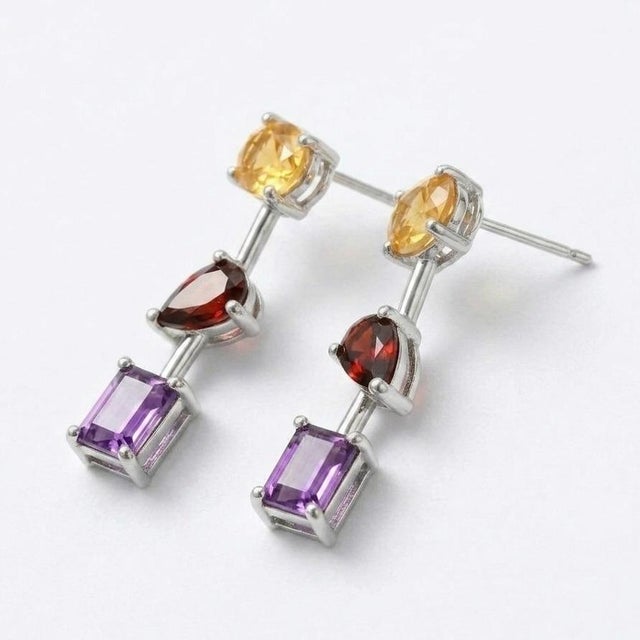 Citrine - Garnet - Amethyst Drop Earrings, Multi Gemstone Birthstone Dangle Earrings - A Pair For Sale - Image 4 of 5