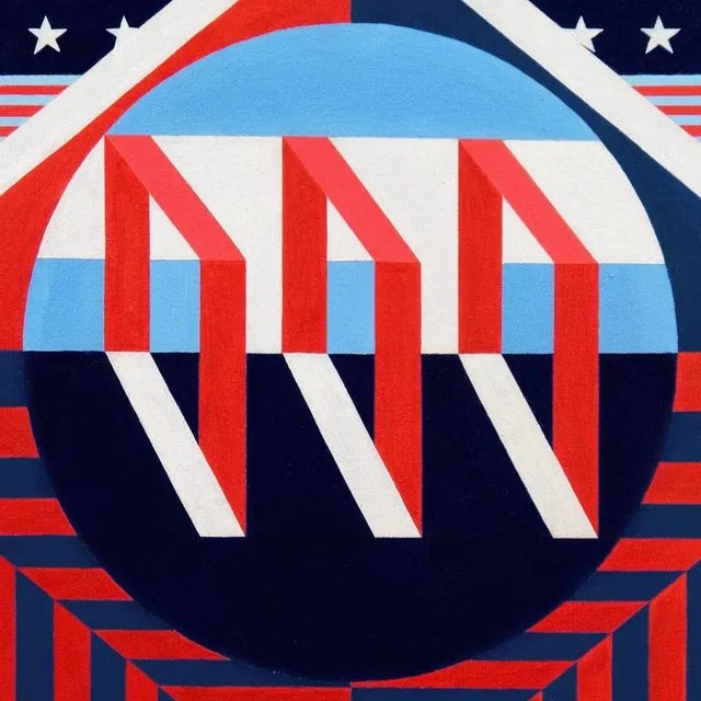 A substantial, geometric polychrome abstract comprising red, white, and navy linear elements contrasted against a sky-blue...