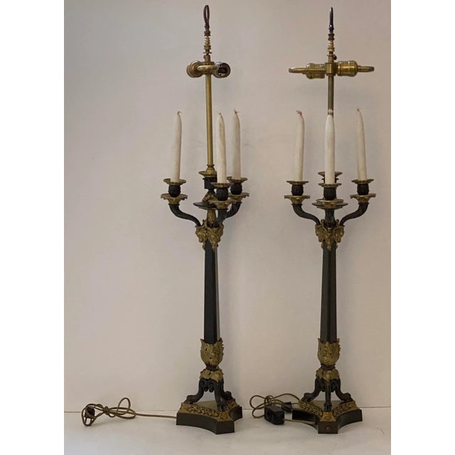 French Pair of French Empire Revival Candelabra Lamps Bronze For Sale - Image 3 of 13