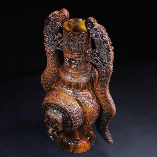 Chinese 1950s Monumental Pair of Carved Horn Vases - Chinese Double Dragon Handled Bottles, 12kg For Sale - Image 3 of 10
