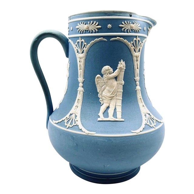 Dudson Jasperware Pitcher in Blue With Neo-Classical Motif-8.25” Tall For Sale