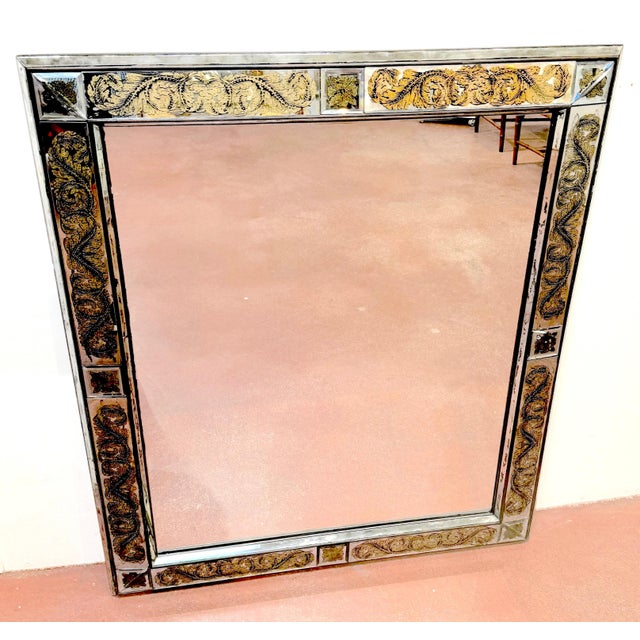 Maison Jansen (Atrib.) Eglomise Gilt Neoclassical Floral Trellis Jeweled Mirror For Sale - Image 12 of 18