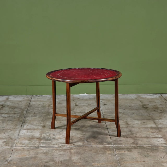 Wood Round Red Leather-Top Occasional Table For Sale - Image 7 of 15