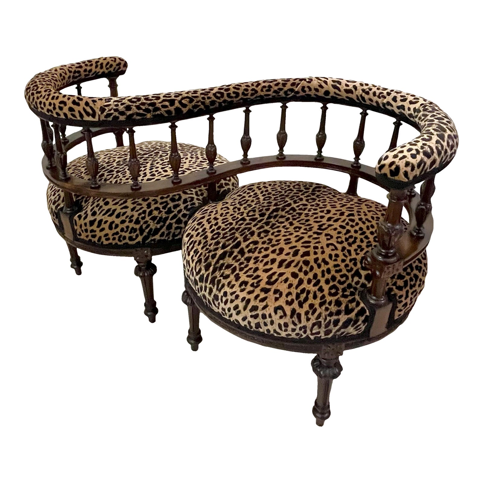 Antique Tête à Tête Courting Chair With New Designer Velvet Leopard