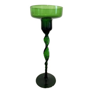 Vintage Green Art Glass Twisted Stem Candle Holder Pedestal Votive MCM 10” For Sale