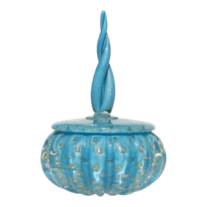 Murano Vintage Barbini 1950s Sky Blue Gold Flecks Controlled Bubbles Italian Art Glass Vanity Powder Box