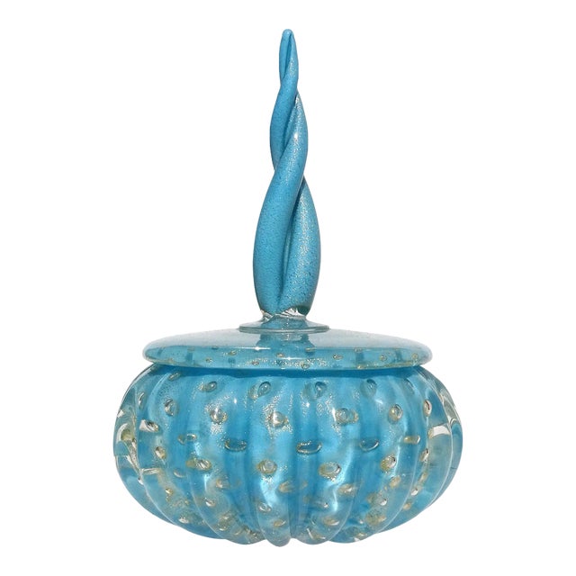 Vintage Murano Barbini 1950s Sky Blue Gold Flecks Controlled Bubbles Italian Art Glass Vanity Powder Box For Sale