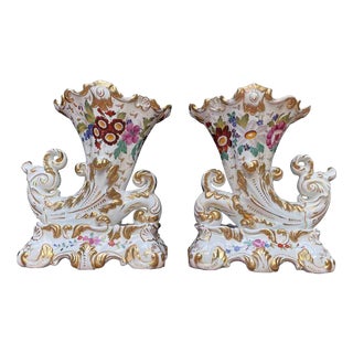 Cornucopia Vases in French Porcelain, 1800s, Set of 2 For Sale