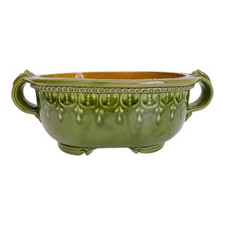 Early 21st Century Artisan Signed Green Oval Ceramic Planter With Handles For Sale