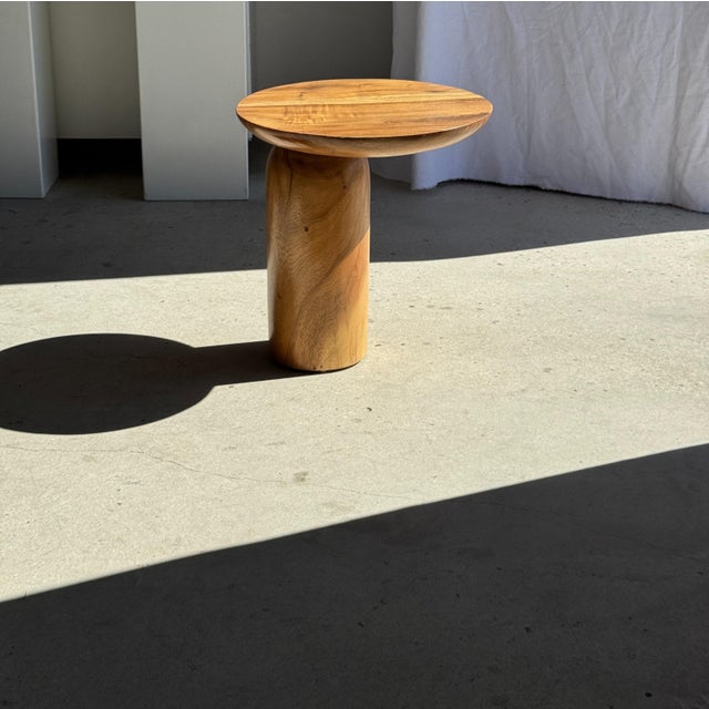 Wood Side Table in Suar Wood with Circular Top and Column Base For Sale - Image 7 of 18