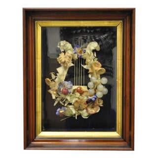 Antique Victorian Harp Design Flower Mourning Wreath Mahogany Shadow Box Frame For Sale