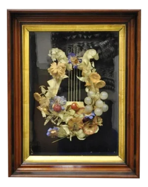 Antique Victorian Harp Design Flower Mourning Wreath Mahogany Shadow Box Frame