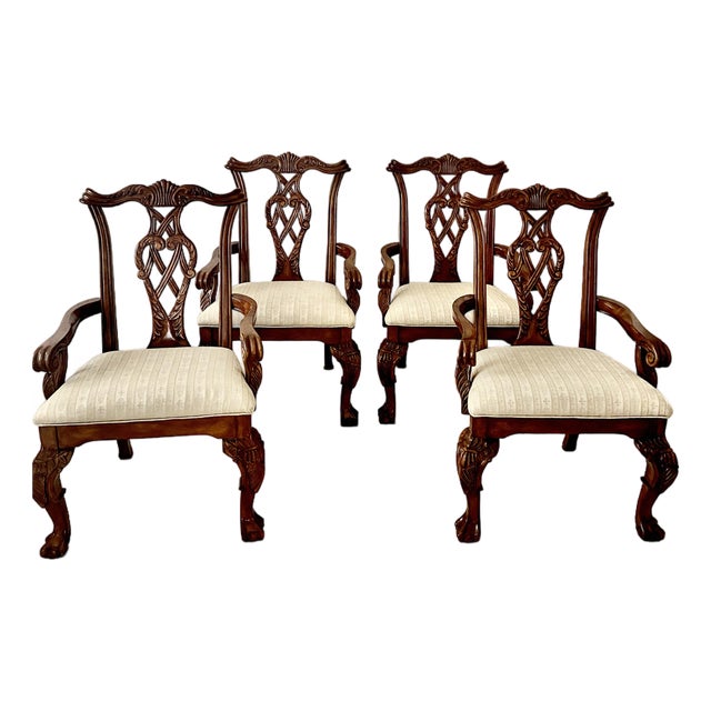 Regency House Chippendale Carved Kensington Hall Vintage Set of Four Arm Chairs Dining/Accent. For Sale