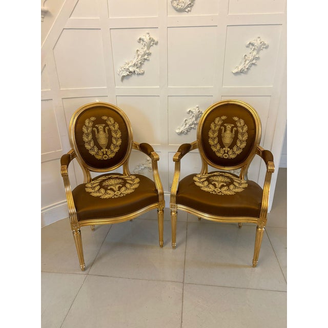 Large Vintage Louis XVI Style Giltwood Dining Chairs with Silk Damask Upholstery, 1940, Set of 42 For Sale - Image 17 of 18