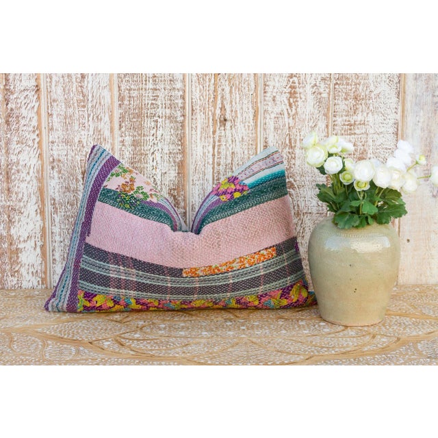 Bengal kantha pillow featuring a colorful design and running stitch all crafted using vintage fabrics. Hidden zipper...