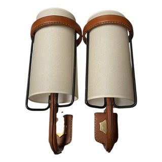Stitched Leather Sconces by Jacques Adnet, 1950s, Set of 2 For Sale