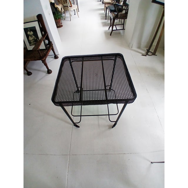 Mathieu Matégot Metal Bar Cart, Glass Lower Shelf, Pleated Apron, France, 1950s For Sale - Image 4 of 17
