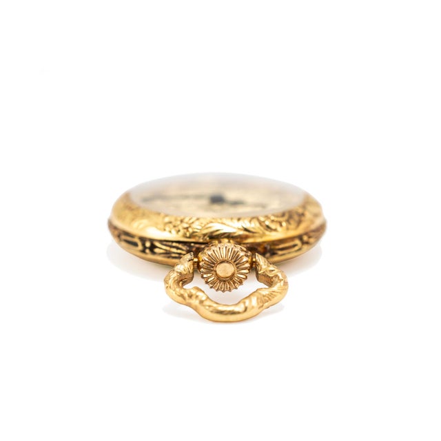 Metal Ladies Art Nouveau Bucherer Lapel 18k Gold Enamel Bow Pin Vintage Pocket Watch For Sale - Image 7 of 11