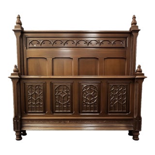 Antique Gothic Revival Carved Walnut Full/Double Bed, Circa 1890 For Sale