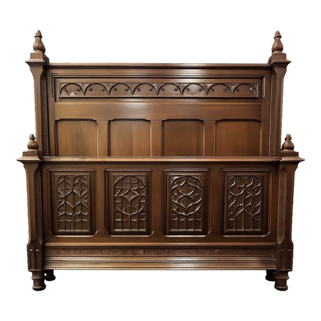 Antique Gothic Revival Carved Walnut Full/Double Bed, Circa 1890 For Sale