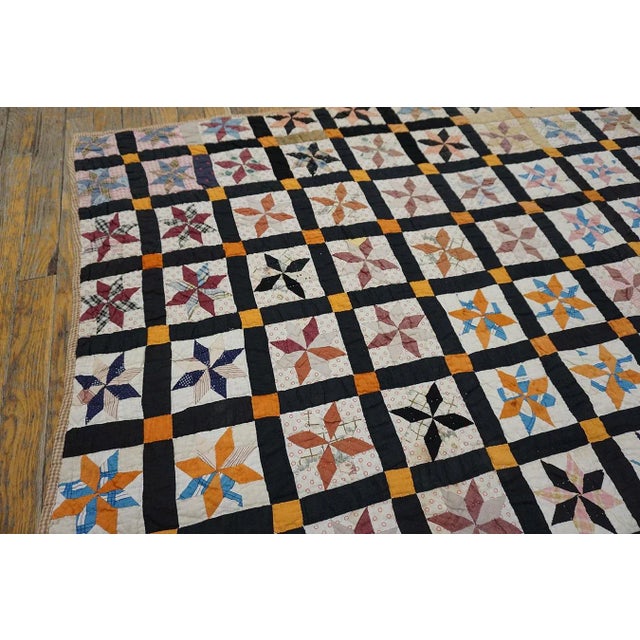 1930s Multicolor Geometric 4Star Antique American Quilt 5'3" X 6'5'' Handknotted Cotton Carpet Rug For Sale - Image 11 of 13