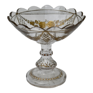 Antique Bohemian Unsigned Moser Cut Crystal Compote Bowl W/Gold Details