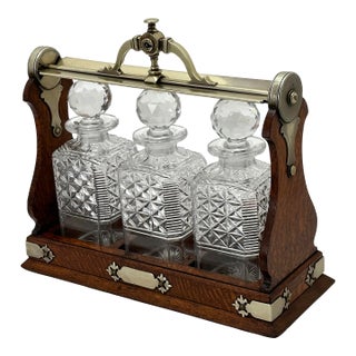 Fine Antique Late 1800s Sheffield England Oak Tantalus With 3 Original Matching Cut Crystal Liquor Decanters For Sale
