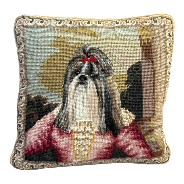Shih Tzu Needlepoint Velvet Back Pillow For Sale