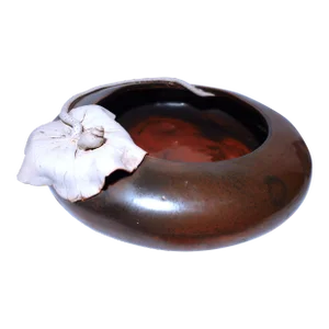 Mid 20th Century Studio Art Clay Pottery Low Bowl With Lilly Pad and Snail, Artist Signed