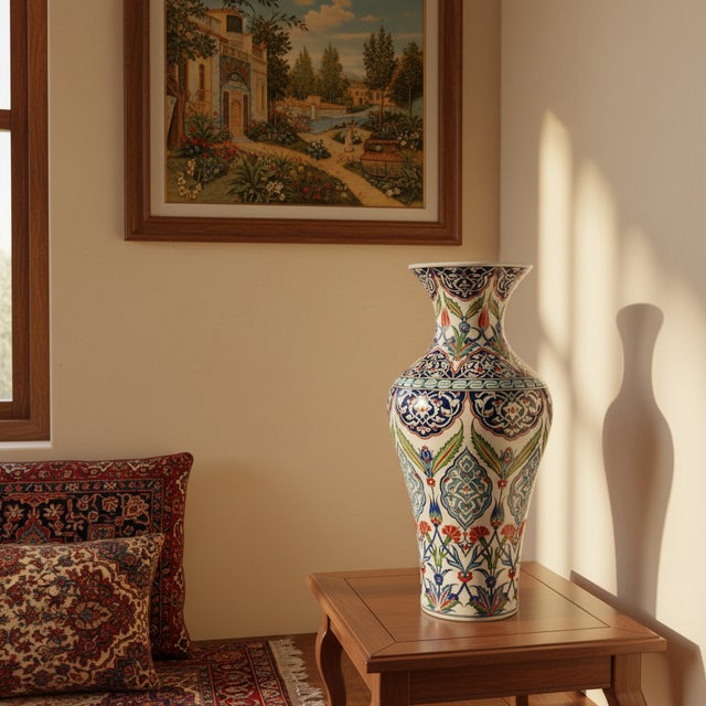 2020s Handmade Monumental Iznik Floor Vase (50cm) – Palace Style Rumi & Tulip Medallions – Ottoman Court Art For Sale - Image 5 of 8