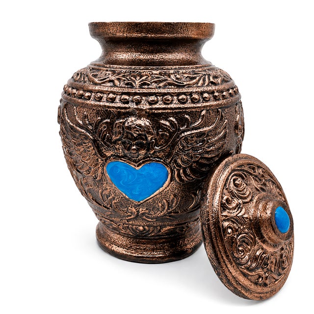 Aura Angel Wings Turquoise Heart Keepsake Cremation Urn Metal Antique Copper Finish For Sale - Image 4 of 9