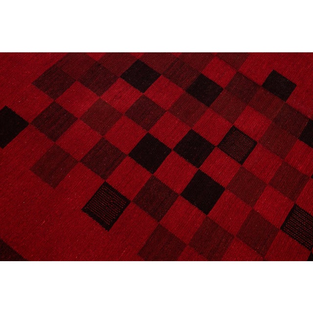 Red Modern Kilim Flatweave Chess Pattern Red Wool Rug For Sale - Image 8 of 11