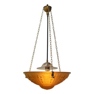 French Art Deco Brass and Etched Ochre Glass Pendant Light, 1920s For Sale