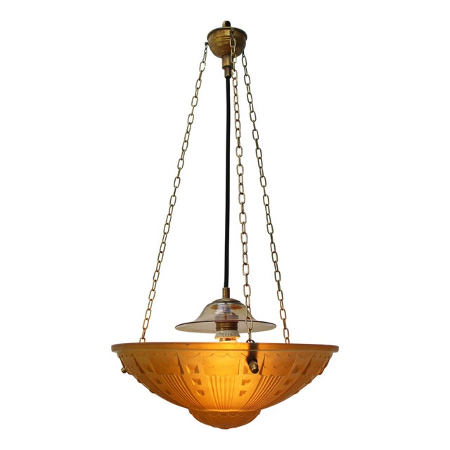 French Art Deco Brass and Etched Ochre Glass Pendant Light, 1920s For Sale