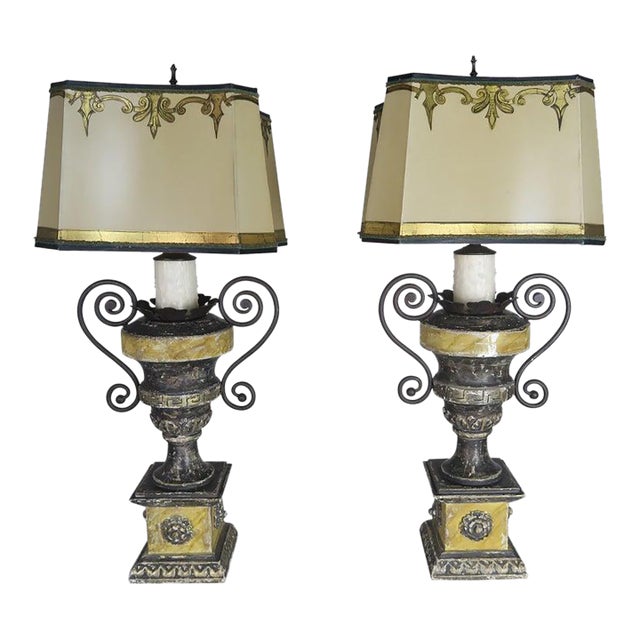 Neoclassical Style Carved Urn Lamps With Parchment Shades, a Pair For Sale