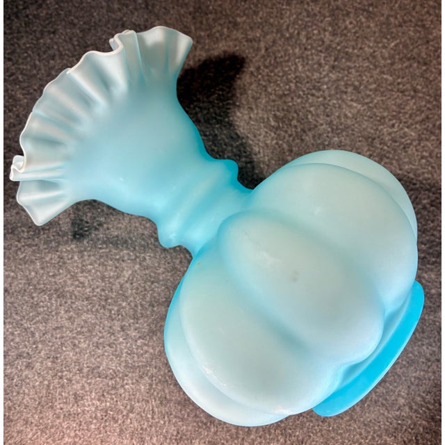 1970s 1970s Fenton Blue Satin Crimped Art Glass Melon Vase For Sale - Image 5 of 6