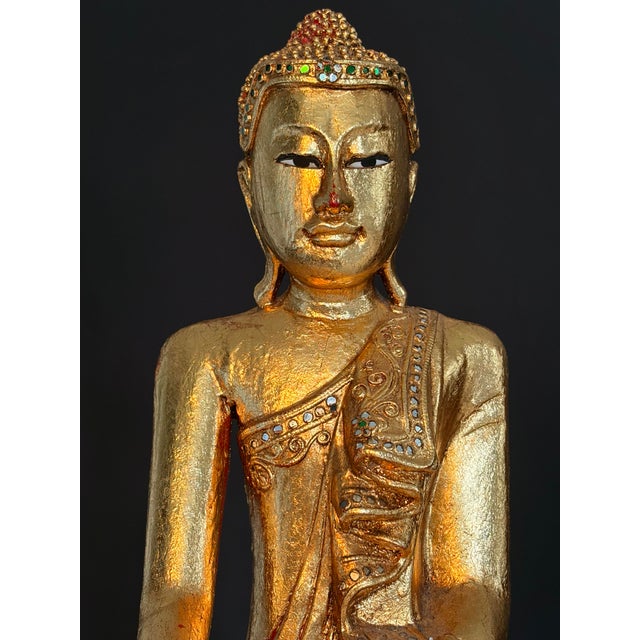 Hollywood Regency Vintage Carved Burmese Giltwood Seated Buddha With Sequin Accents - Lotus Style For Sale - Image 3 of 9