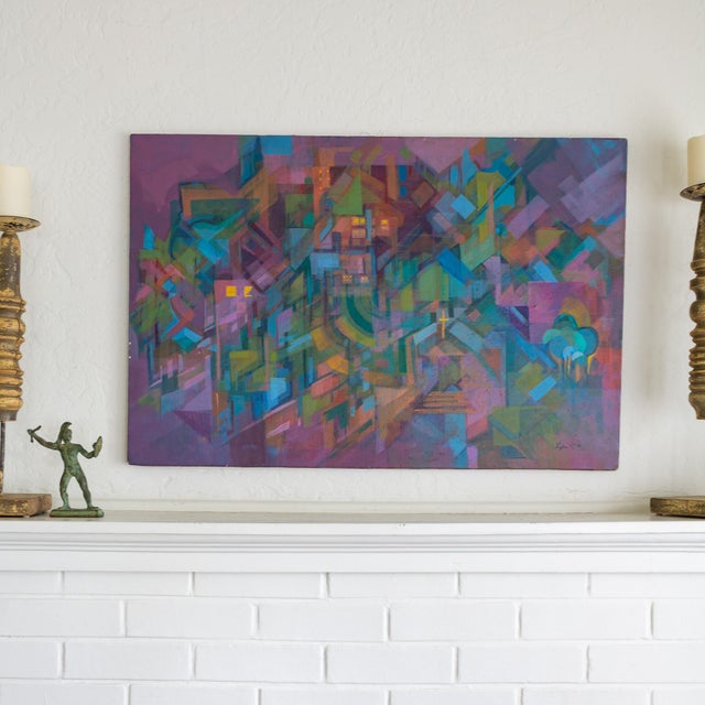 Purple Abstract Cubist Polychrome Cityscape With Purple and Turquoise For Sale - Image 8 of 13