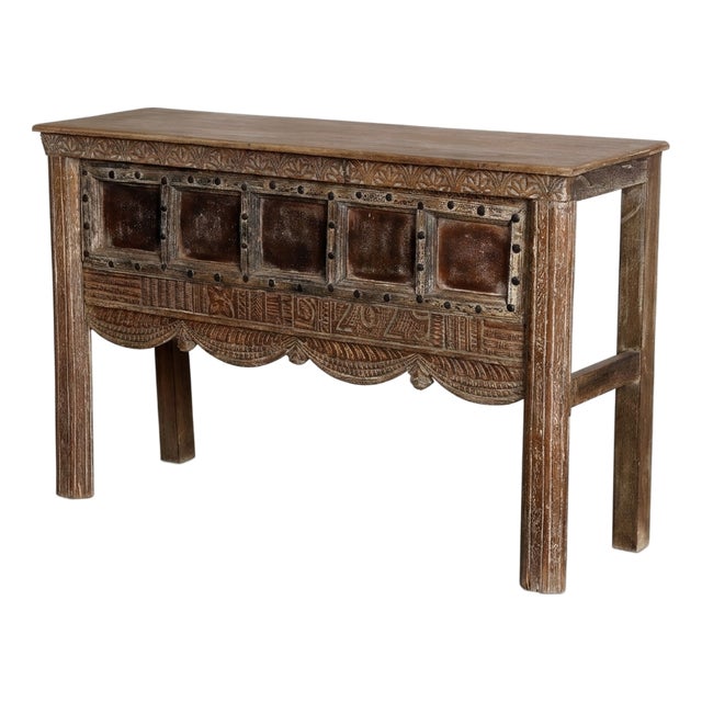 Vintage Ornate Carved Wood Console Table With Iron Stud Accents – Statement Entryway Piece 52 For Sale