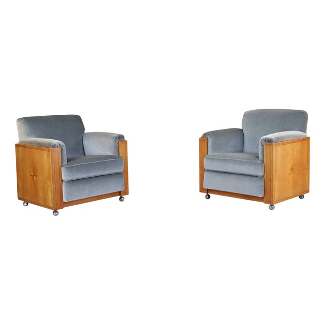 Art Deco Dutch Armchairs with Inlay Motif in Oak and Velvet, 1930s, Set of 2 For Sale