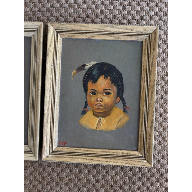 American 1950s Framed Pair of Original Oil Paintings, Young Native American Girls For Sale - Image 3 of 9