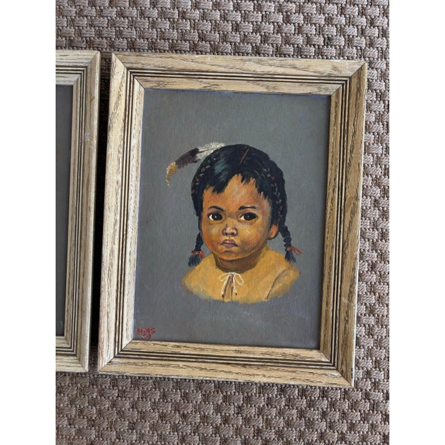 American 1950s Young Native American Girls Oil Paintings, Framed Pair For Sale - Image 3 of 7