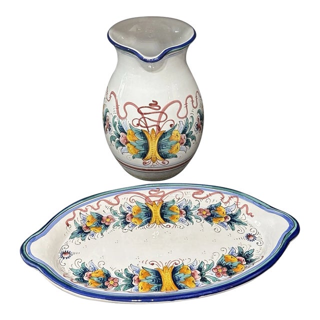 Vinatge Deruta Italian Pottery Raffaellesco Platter & Pitcher For Sale
