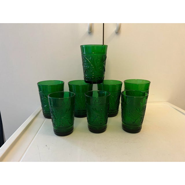 1950s Forest Green Sandwich Glassware by Anchor Hocking 5 Glasses measuring 4” tall 3 Glasses measuring 3.5” tall I am...