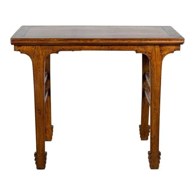 Asian Early 20th Century Late Qing Dynasty Chinese Elm Wine Table with Carved Legs & Side Stretchers For Sale - Image 3 of 13