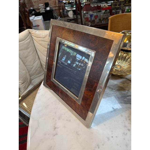 1970s Signed Tommaso Barbi Italian Burl Wood and Brass Picture Frame, 1970s For Sale - Image 5 of 6